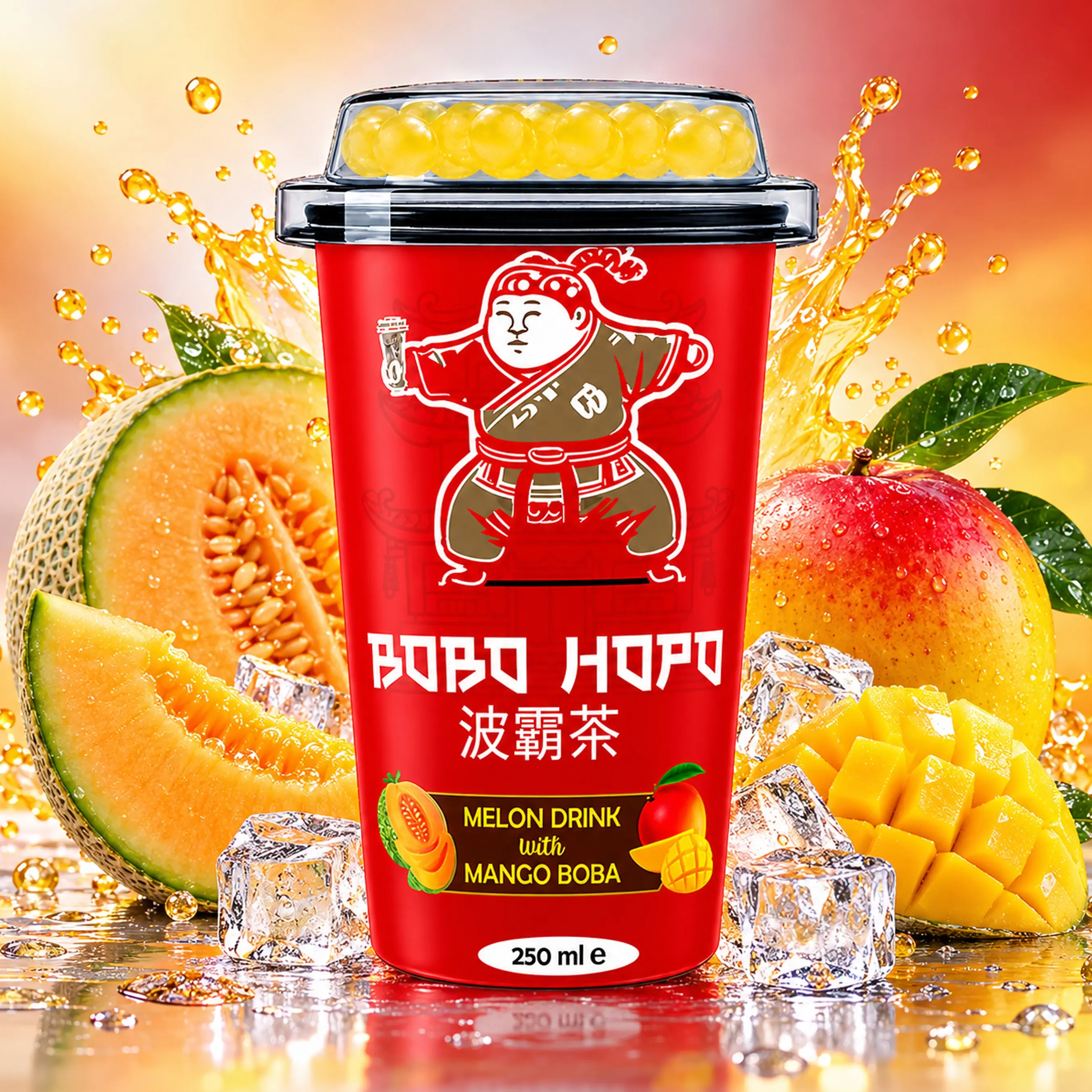 Bobo Hopo Melon Drink with Mango Boba 250 ml cup with melon, mango, ice, and mango boba pearls.